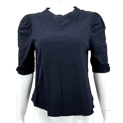 Free People Top Womens Small Navy Just A Puff Textured Cotton Linen Slub Knit - Image 1 of 4