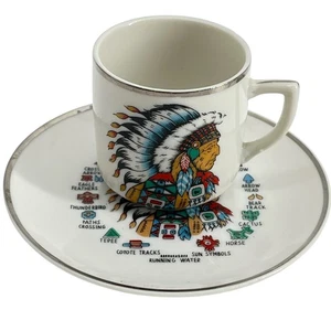 Vintage Indianer Häuptling Demitasse Tasse Untertasse Set Japan Souvenir Stammes-Symbole - Bild 1 von 14