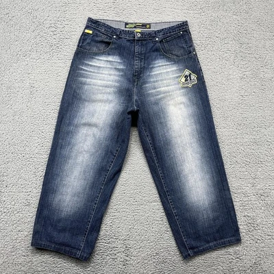 Southpole Jeans Mens 38 Faded Denim Y2K Wide Leg Baggy 21 Hexagon Yellow Tab - Image 1 of 4