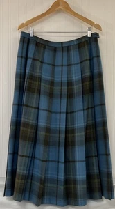 Women's PENDLETON Teal Blue Black Plaid A-Line 100% Wool Skirt-Size 14-EUC - Picture 1 of 7