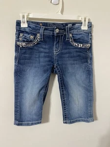 Miss Me Girls 14 Rhinestone Embroidered Blue Jean Denim Bermuda Shorts Vintage - Picture 1 of 11