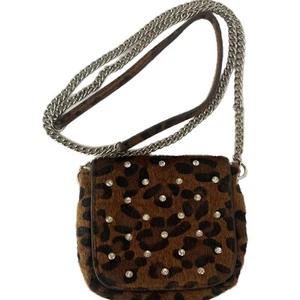 Leopard Print Mini Crossbody Handbag Purse Silver Chain Small Bling Rhinestones - Picture 1 of 11
