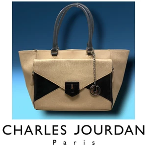 Charles Jourdan Convertible 2 in 1 Black & Tan Pebbled Leather Tote Purse Bag - Picture 1 of 11