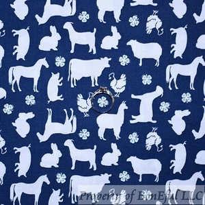 BonEful Fabric FQ Cotton Quilt Blue White 4H Club Print Clover Farm Horse Sheep - Picture 1 of 12