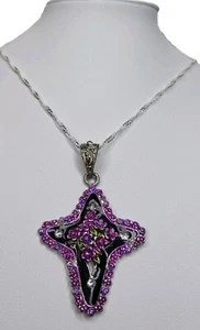 Cross Pendant Floral Rhinestones Enamel New 925 Silver Plated 46cm Necklace - Picture 1 of 11