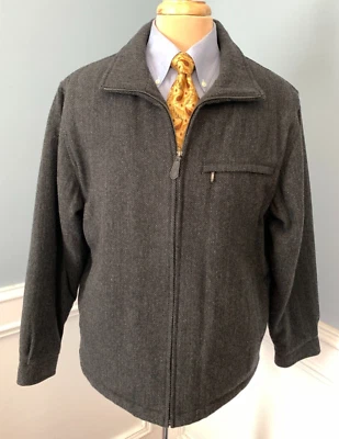 London Fog Jacket Mens M Wool Herringbone Tweed Bomber Gray Lined Full Zip Coat - Image 1 of 4