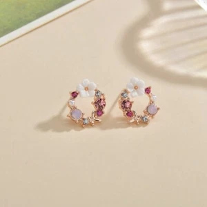 Natural Pearl Crystal Flower Stud Earrings Rose Gold Post Earrings Handmade - Picture 1 of 3