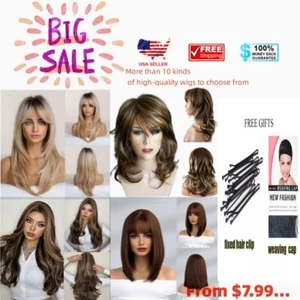 Long Straight Brown Wigs with Bang Curly Wavy Short Natural Women Party Daliy US - Picture 1 of 35