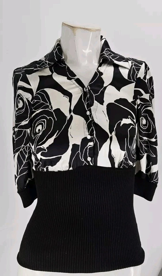 Camisa para mujer Bebe extra pequeña seda vintage estampado rosa negro blanco Foto 1 de 4