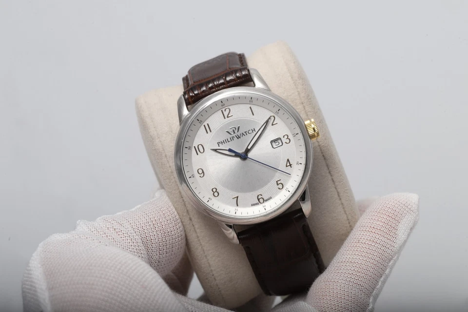 Reloj Philip Watch 40 mm esfera blanca fecha caja acero inoxidable reloj para hombre Foto 1 de 4