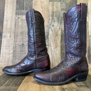 Lucchese Black Cherry Teju Lizard Leather Inlay Cowboy Boots Mens 7 D