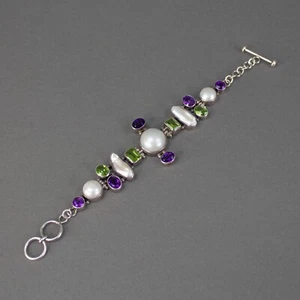Sterling 925 Silver Pearl & Multi Gemstone Amethyst Peridot Toggle Bracelet 8" - Picture 1 of 7