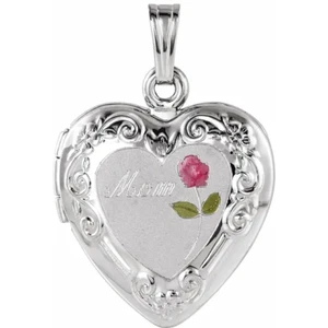 925 Sterling Silver Mom Heart & Rose 27mm Locket Pendant - Picture 1 of 3