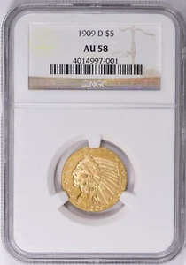 1909-D INDIAN HEAD $5 HALF EAGLE GOLD NGC AU58 - Picture 1 of 3