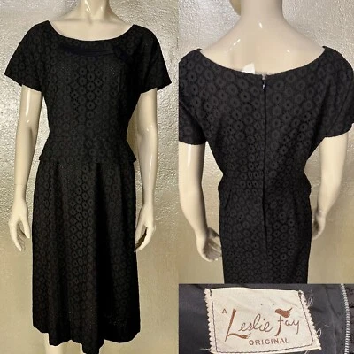 Vintage 1960's Ladies LESLIE FAY Black Lace Eyelet Dress Peplum Cotton L - Image 1 of 4