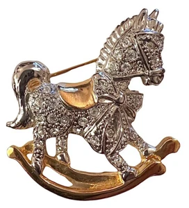 Vintage ROMAN Rhinestone ROCKING HORSE Brooch Pin Bow Silver And Gold Tone EUC - Picture 1 of 6