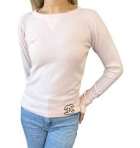 CHANEL Vintage 01A CC Mark Logo Long Sleeve Sweater Top #38 Pink Cashmere Knit - Picture 1 of 10
