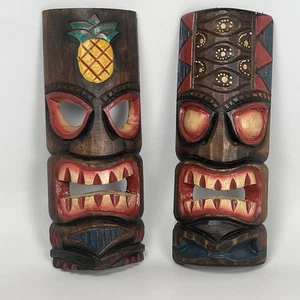 Vintage Wooden Tiki Masks Set Of 2 11.5" Made In Indonesia - Picture 1 of 5