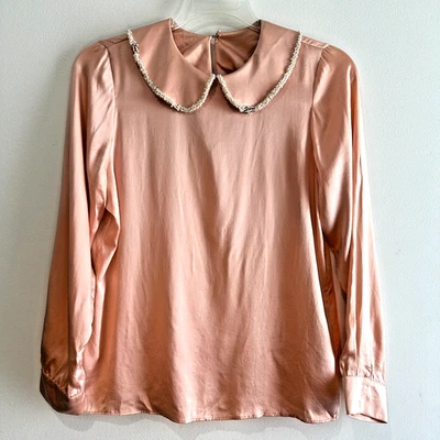 VTG Delino Women's 50's Satin Top Size 12 Y2K Pearl Trim Peter Pan Collar Twee - Image 1 of 4