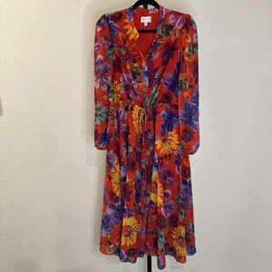 $475 Milly Red Floral Midi Dress w/ Sheer Blouson Sleeves - Size 8 - Picture 1 of 13