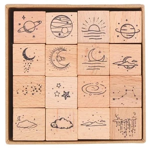 Juego de 16 sellos de goma de madera Planet Moon Stars Cloud, luna vintage... - Imagen 1 de 7