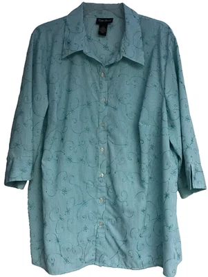 Camisa Maggie Barnes 1X 18 20 Abotonada Verde Bordada Rayas Manga 3/4 Foto 1 de 4