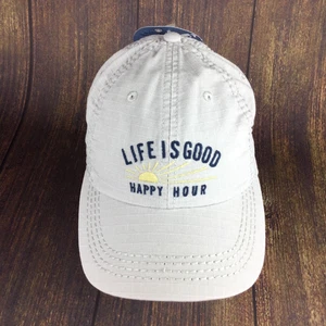 Life Is Good HAPPY HOUR Hat Baseball Cap Khaki Lt Gray Womens One Sz Ripstop NWT - Picture 1 of 8