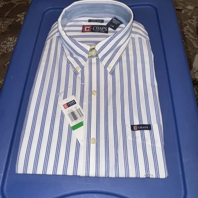 Chaps Easy Care Men’s Dress Shirt Size L White W/ Navy  Pinstripe Longsleeve - Image 1 of 3