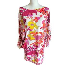 Trina Turk Cover Up Size M White, Pink, Orange Floral Print Tunic Dress Bohemian - Picture 1 of 8