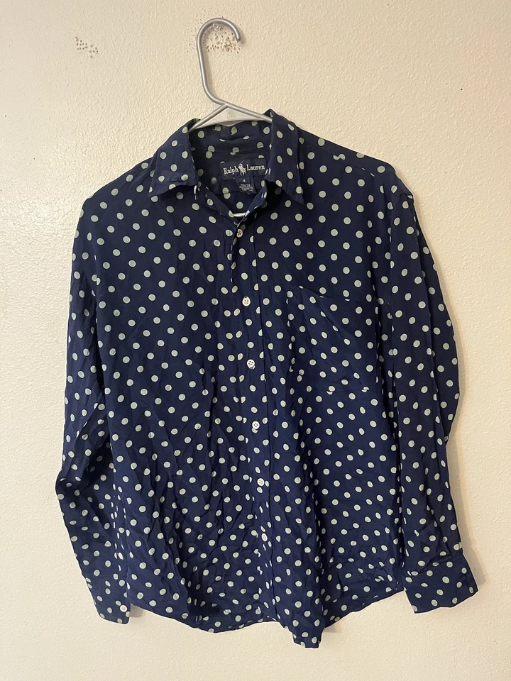 Blusa De Colección Ralph Lauren 100% Seda Azul Marino Lunares Cuello Botones Delanteros Talla 4 Foto 1 de 4