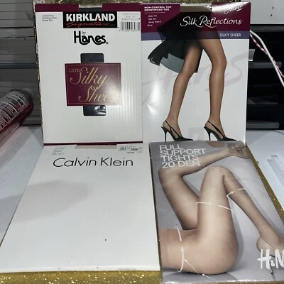 Lote 4 Pares Mangueras de Diseñador Hanes, Calvin, H&M, Control Top, Bronceado Negro Tallas AB SELLADO Foto 1 de 4