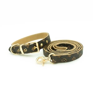 Brown Leather Designer Dog Leash + Collar, Pet Fashion Designer,Gold hardware - Picture 1 of 12