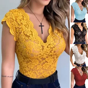 Womens V Neck Lace Sexy Tank Tops Ladies Slim Fit Stretch Vest Shirt Sexy Solid - Picture 1 of 17