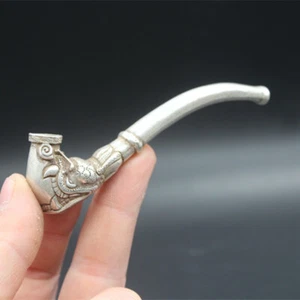 Chinese Rare Old Tibet Silver Hand Carved Lucky Dragon Statue Smoking Tool - Picture 1 of 2