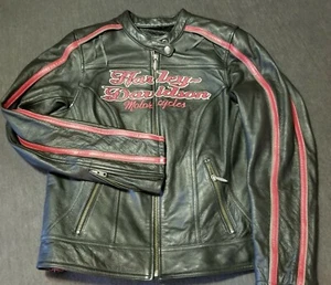HARLEY DAVIDSON Large Womens Vented Red Striped Leather Cycle Racing Jacket - Picture 1 of 9
