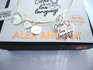 Alex and Ani COFFEE IS MY LOVE LANGUAGE glänzender Silber Armreif neu mit Etikett Karte & Box - Bild 1 von 5