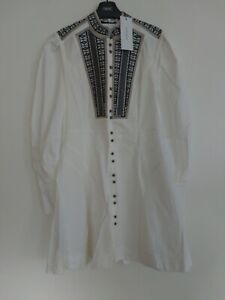 New Karen Millen UK 12 Ivory Poplin Military Embroidery Fit & Flare Shirt Dress
