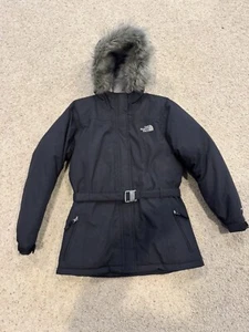 The North Face Hyvent Black Down Buckle Belted Faux Hooded Jacket Girls XL - Picture 1 of 4