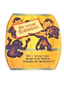 Vtg 1940s Child's POP-UP Birthday Card with Barrel of Monkes fun Used 70+Yrs USA - Picture 1 of 4