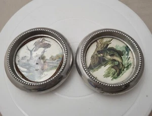 2 Vintage Fred Sweney Untersetzer Fisch & Vögel Design Silber Metall - Bild 1 von 6