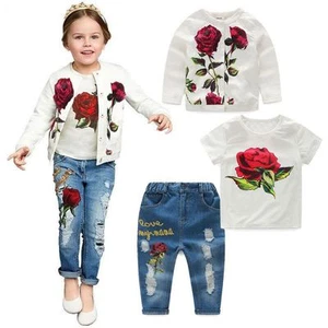 3pcs Kids Baby Girls rose Outfits coat +T shirt+ Denim Pants Clothes set - Picture 1 of 11