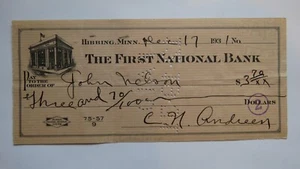 $3.70 1931 Hibbing Minnesota MN Cancelled Check! First National Bank  - Picture 1 of 2