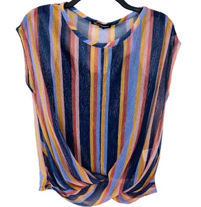 Blusa INC Para Mujer Pequeña Dobladillo Torcido Top Brillante Regente Rayas Top Manga Gorra Nueva - Imagen 1 de 8
