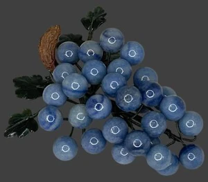 Vintage Alabaster Carved Blue Aventurine Grapes with Jade Leaves - Picture 1 of 3