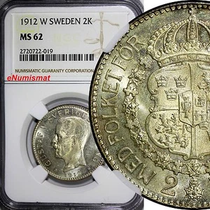 SWEDEN Gustaf V Silver 1912 W 2 Kronor NGC MS62 TOP GRADED  RARE  KM# 787 (019) - Picture 1 of 4
