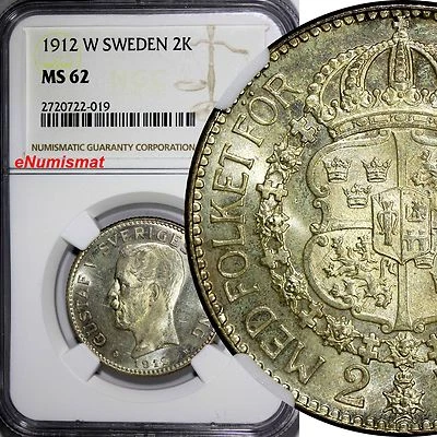 SWEDEN Gustaf V Silver 1912 W 2 Kronor NGC MS62 TOP GRADED  RARE  KM# 787 (019) - Image 1 of 4