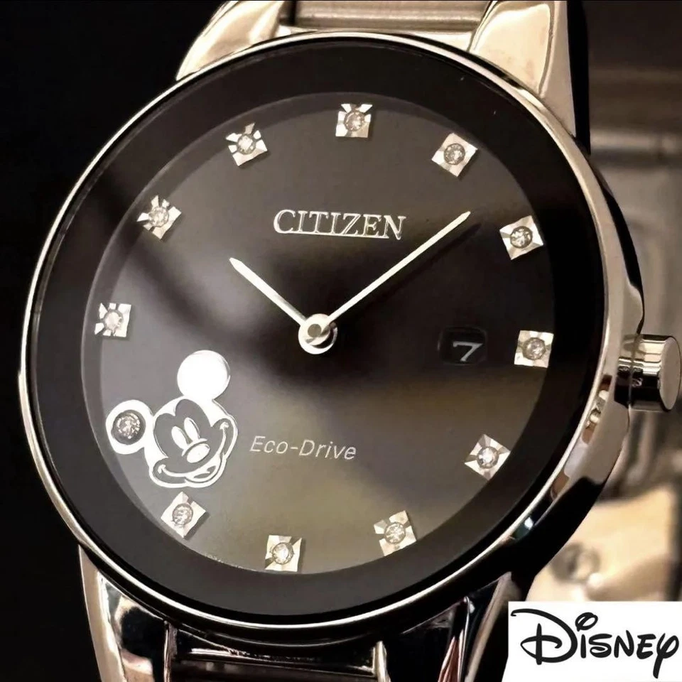 Relógio feminino Disney Mickey Citizen Eco-Drive prata diamante mostrador preto - Imagem 1 de 4