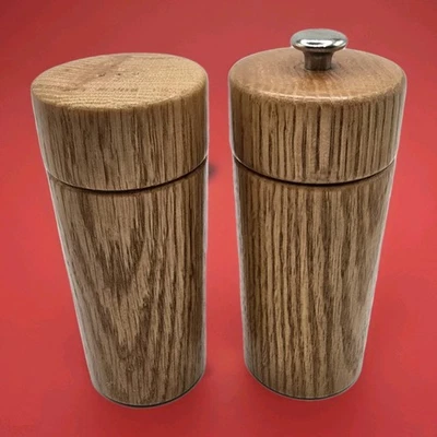 Vtg Salt & Pepper Shakers Wood Round Cylinder Minimal MCM Mid Century Modern 5” - Image 1 of 4