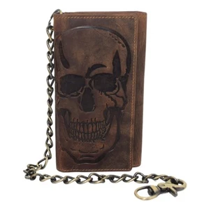 Biker Skull Chain Wallet RFID Signal Blocking Men's Vintage Leather Long... - Picture 1 of 12