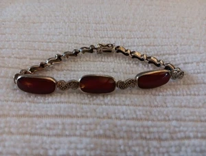 Sterling Silber Markasit Cabochon Karneol Gliederarmband Deko Vintage 7 Zoll - Bild 1 von 9
